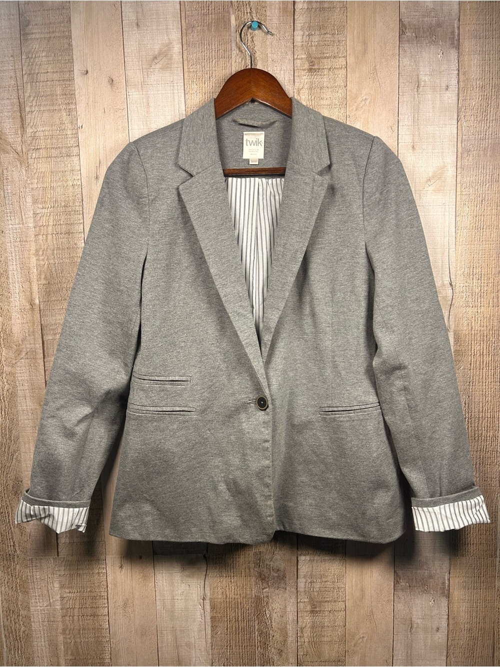 Twik Simons Knit Jersey Blazer Gray Stripe Lined Career Jacket Med Cotton Blend